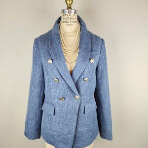 Blue Textured Tweed Long Fitted Peaked Lapel Blazer Jacket Ladies Size Medium
